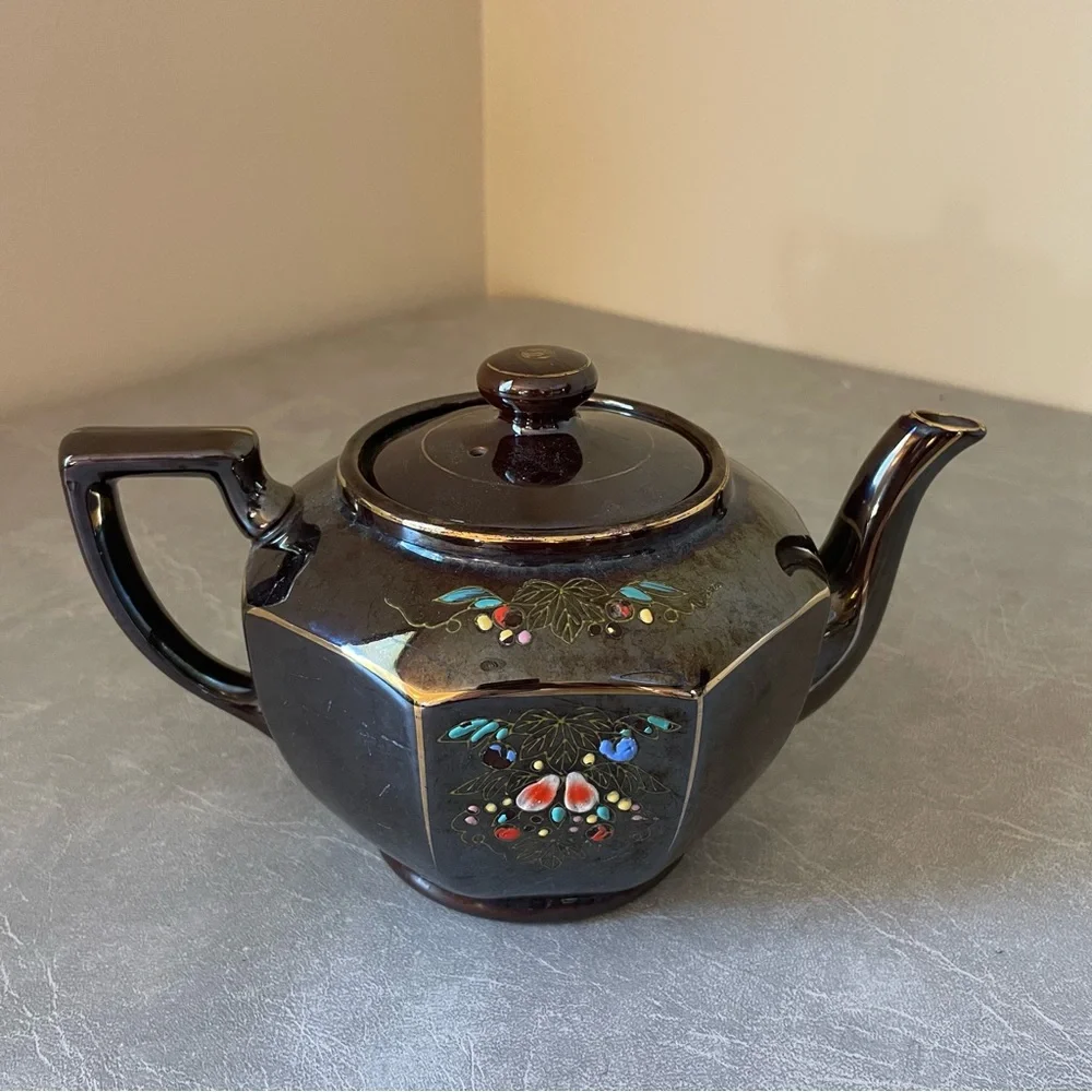 Vintage Mid-Century Japanese Moriage Dark Brown Ceramic Teapot Floral Design